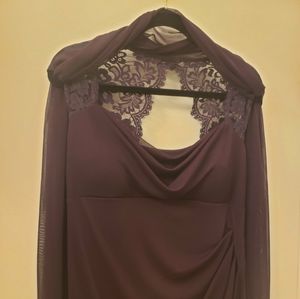NWOT Xscape Sz 14 Plum Colored Floor Length Gown, Lace Cap Sleeves & Scarf